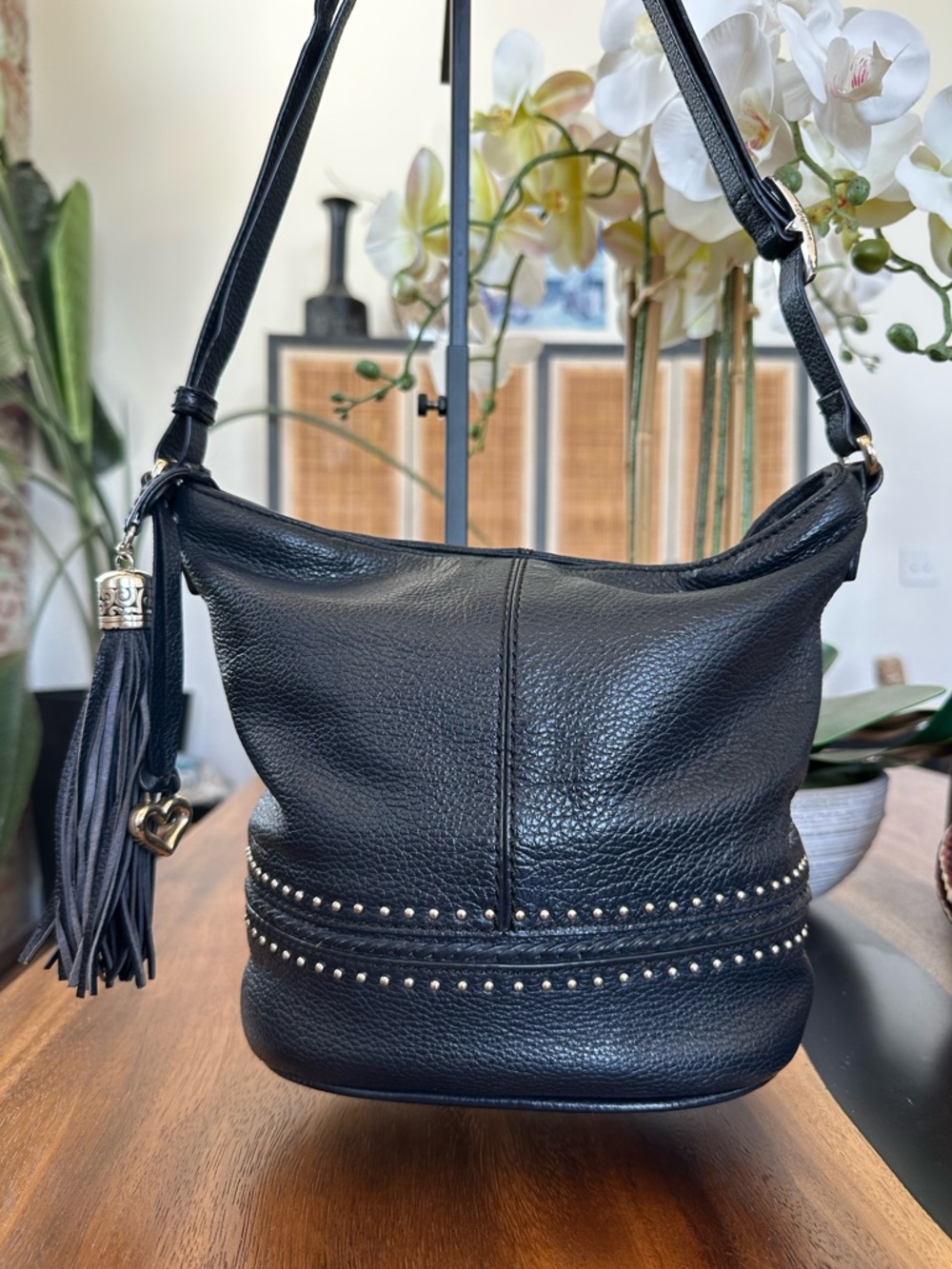 Brighton Pebbled Leather Studded Tassel Hobo / Crossbody retail $360 EUC